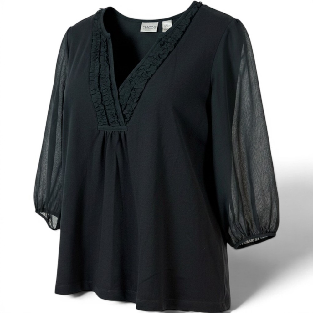 Chicos Black Ruffle Split Neck Top Sheer 3/4 Sleeve Romantic Goth Blouse Sz 3 XL